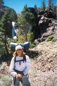Sally by waterfall south of Sonora pass